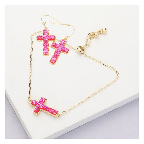 NEW Druzy Stone Sparkle Cross Pink Gold Dipped Bracelet Necklace & Earrings SET - Picture 2 of 7